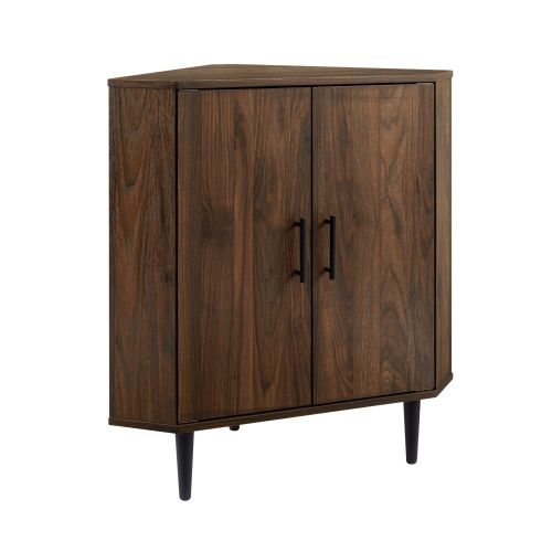 Contemporary 2-Door Mixed-Material Corner Accent Cabinet - Dark Walnut