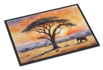 Elephants Savanna Sunrise Doormat Front Door Mat Indoor Outdoor Rugs for Entryway, Non Slip Washable Low Pile, 24H X 36W