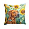 Rhodesian Ridgeback in Sunflowers Throw Pillow Machine Washable, Indoor Outdoor Decorative Pillow for Couch, Bed or Patio, 14Hx14W