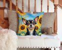 Chihuahua in Sunflowers Throw Pillow Machine Washable, Indoor Outdoor Decorative Pillow for Couch, Bed or Patio, 14Hx14W