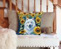 Samoyed in Sunflowers Throw Pillow Machine Washable, Indoor Outdoor Decorative Pillow for Couch, Bed or Patio, 14Hx14W