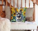 Norwegian Elkhound in Sunflowers Throw Pillow Machine Washable, Indoor Outdoor Decorative Pillow for Couch, Bed or Patio, 14Hx14W