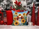 Japanese Chin in Sunflowers Throw Pillow Machine Washable, Indoor Outdoor Decorative Pillow for Couch, Bed or Patio, 14Hx14W