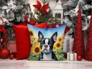 Boston Terrier in Sunflowers Throw Pillow Machine Washable, Indoor Outdoor Decorative Pillow for Couch, Bed or Patio, 14Hx14W