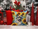 Keeshond in Sunflowers Throw Pillow Machine Washable, Indoor Outdoor Decorative Pillow for Couch, Bed or Patio, 14Hx14W