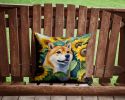 Shiba Inu in Sunflowers Throw Pillow Machine Washable, Indoor Outdoor Decorative Pillow for Couch, Bed or Patio, 14Hx14W