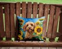 Cockapoo in Sunflowers Throw Pillow Machine Washable, Indoor Outdoor Decorative Pillow for Couch, Bed or Patio, 14Hx14W
