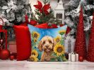 Cockapoo in Sunflowers Throw Pillow Machine Washable, Indoor Outdoor Decorative Pillow for Couch, Bed or Patio, 14Hx14W