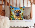 Bullmastiff in Sunflowers Throw Pillow Machine Washable, Indoor Outdoor Decorative Pillow for Couch, Bed or Patio, 14Hx14W