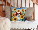 Japanese Chin in Sunflowers Throw Pillow Machine Washable, Indoor Outdoor Decorative Pillow for Couch, Bed or Patio, 14Hx14W
