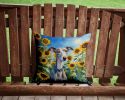 Whippet in Sunflowers Throw Pillow Machine Washable, Indoor Outdoor Decorative Pillow for Couch, Bed or Patio, 14Hx14W