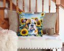 English Bulldog in Sunflowers Throw Pillow Machine Washable, Indoor Outdoor Decorative Pillow for Couch, Bed or Patio, 14Hx14W