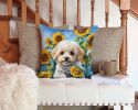 Maltipoo in Sunflowers Throw Pillow Machine Washable, Indoor Outdoor Decorative Pillow for Couch, Bed or Patio, 14Hx14W