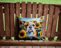 English Bulldog in Sunflowers Throw Pillow Machine Washable, Indoor Outdoor Decorative Pillow for Couch, Bed or Patio, 14Hx14W