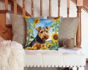 Welsh Terrier in Sunflowers Throw Pillow Machine Washable, Indoor Outdoor Decorative Pillow for Couch, Bed or Patio, 14Hx14W