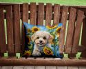 Maltipoo in Sunflowers Throw Pillow Machine Washable, Indoor Outdoor Decorative Pillow for Couch, Bed or Patio, 14Hx14W