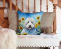 Komondor in Sunflowers Throw Pillow Machine Washable, Indoor Outdoor Decorative Pillow for Couch, Bed or Patio, 14Hx14W