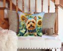 Silky Terrier in Sunflowers Throw Pillow Machine Washable, Indoor Outdoor Decorative Pillow for Couch, Bed or Patio, 14Hx14W