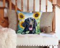 Flat-Coated Retriever in Sunflowers Throw Pillow Machine Washable, Indoor Outdoor Decorative Pillow for Couch, Bed or Patio, 14Hx14W