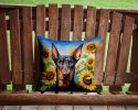 Doberman Pinscher in Sunflowers Throw Pillow Machine Washable, Indoor Outdoor Decorative Pillow for Couch, Bed or Patio, 14Hx14W