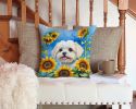 Maltese in Sunflowers Throw Pillow Machine Washable, Indoor Outdoor Decorative Pillow for Couch, Bed or Patio, 14Hx14W