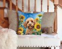 Cockapoo in Sunflowers Throw Pillow Machine Washable, Indoor Outdoor Decorative Pillow for Couch, Bed or Patio, 14Hx14W