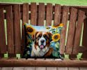 Saint Bernard in Sunflowers Throw Pillow Machine Washable, Indoor Outdoor Decorative Pillow for Couch, Bed or Patio, 14Hx14W