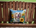 Clumber Spaniel in Sunflowers Throw Pillow Machine Washable, Indoor Outdoor Decorative Pillow for Couch, Bed or Patio, 14Hx14W