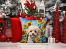 Maltipoo in Sunflowers Throw Pillow Machine Washable, Indoor Outdoor Decorative Pillow for Couch, Bed or Patio, 14Hx14W