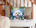 Bichon Frise Luau Throw Pillow Machine Washable, Indoor Outdoor Decorative Pillow for Couch, Bed or Patio, 14Hx14W