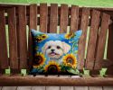 Maltese in Sunflowers Throw Pillow Machine Washable, Indoor Outdoor Decorative Pillow for Couch, Bed or Patio, 14Hx14W