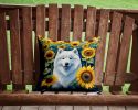 Samoyed in Sunflowers Throw Pillow Machine Washable, Indoor Outdoor Decorative Pillow for Couch, Bed or Patio, 14Hx14W
