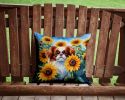 Japanese Chin in Sunflowers Throw Pillow Machine Washable, Indoor Outdoor Decorative Pillow for Couch, Bed or Patio, 14Hx14W