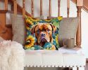 Dogue de Bordeaux in Sunflowers Throw Pillow Machine Washable, Indoor Outdoor Decorative Pillow for Couch, Bed or Patio, 14Hx14W