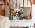 Saint Bernard in Sunflowers Throw Pillow Machine Washable, Indoor Outdoor Decorative Pillow for Couch, Bed or Patio, 14Hx14W