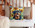 Rottweiler in Sunflowers Throw Pillow Machine Washable, Indoor Outdoor Decorative Pillow for Couch, Bed or Patio, 14Hx14W