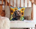Boykin Spaniel in Sunflowers Throw Pillow Machine Washable, Indoor Outdoor Decorative Pillow for Couch, Bed or Patio, 14Hx14W