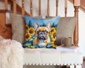 French Bulldog in Sunflowers Throw Pillow Machine Washable, Indoor Outdoor Decorative Pillow for Couch, Bed or Patio, 14Hx14W