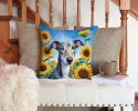 Greyhound in Sunflowers Throw Pillow Machine Washable, Indoor Outdoor Decorative Pillow for Couch, Bed or Patio, 14Hx14W