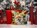 Pomeranian in Sunflowers Throw Pillow Machine Washable, Indoor Outdoor Decorative Pillow for Couch, Bed or Patio, 14Hx14W
