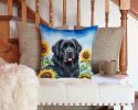 Newfoundland in Sunflowers Throw Pillow Machine Washable, Indoor Outdoor Decorative Pillow for Couch, Bed or Patio, 14Hx14W