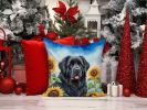 Newfoundland in Sunflowers Throw Pillow Machine Washable, Indoor Outdoor Decorative Pillow for Couch, Bed or Patio, 14Hx14W