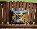 French Bulldog in Sunflowers Throw Pillow Machine Washable, Indoor Outdoor Decorative Pillow for Couch, Bed or Patio, 14Hx14W