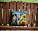Greyhound in Sunflowers Throw Pillow Machine Washable, Indoor Outdoor Decorative Pillow for Couch, Bed or Patio, 14Hx14W